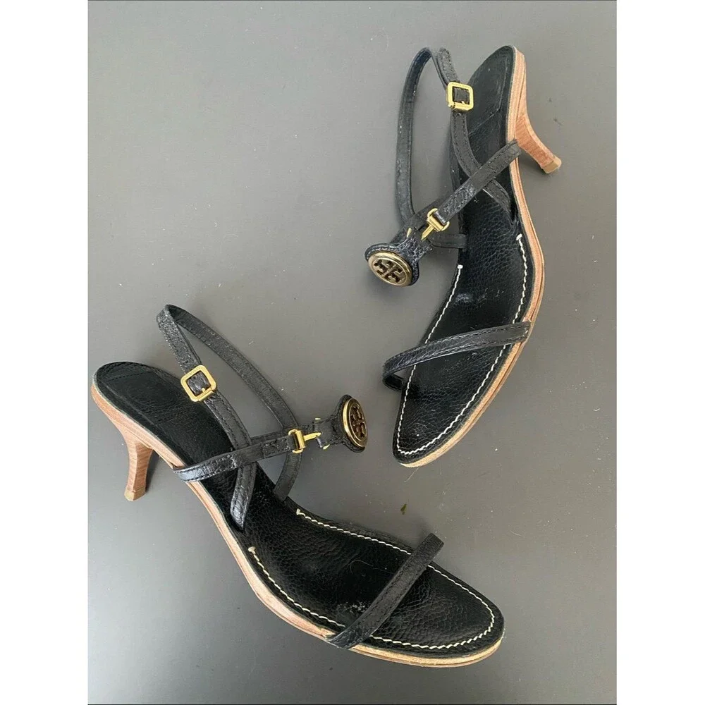 Tory Burch Mira sandals black tumbled leather signature Gold Logo Medallion 9.5